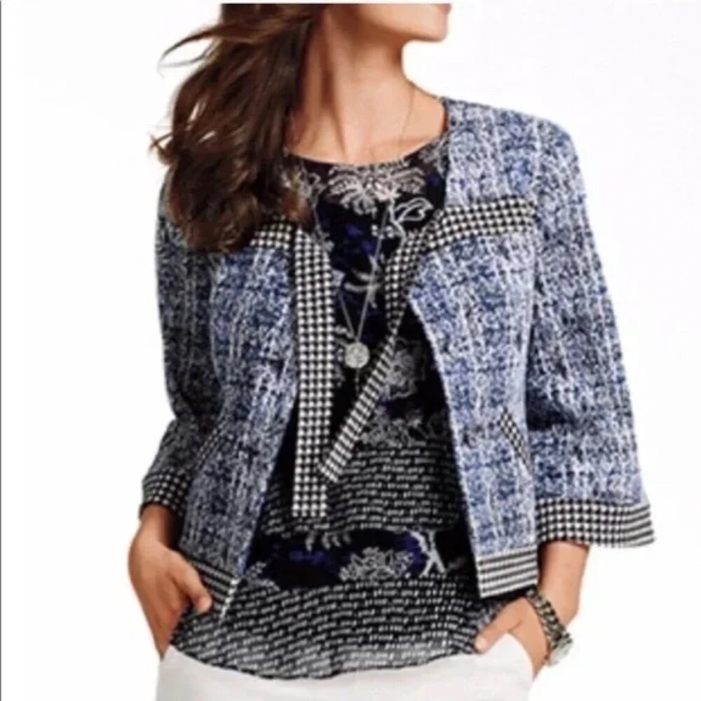 CABI Reina 21 Club Houndstooth Front Tie Blue Black Blazer Sweater Size M
